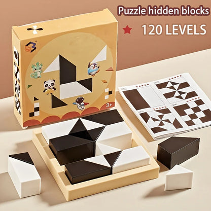 Puzzle hidden blocks set with packaging and instructions on a beige background