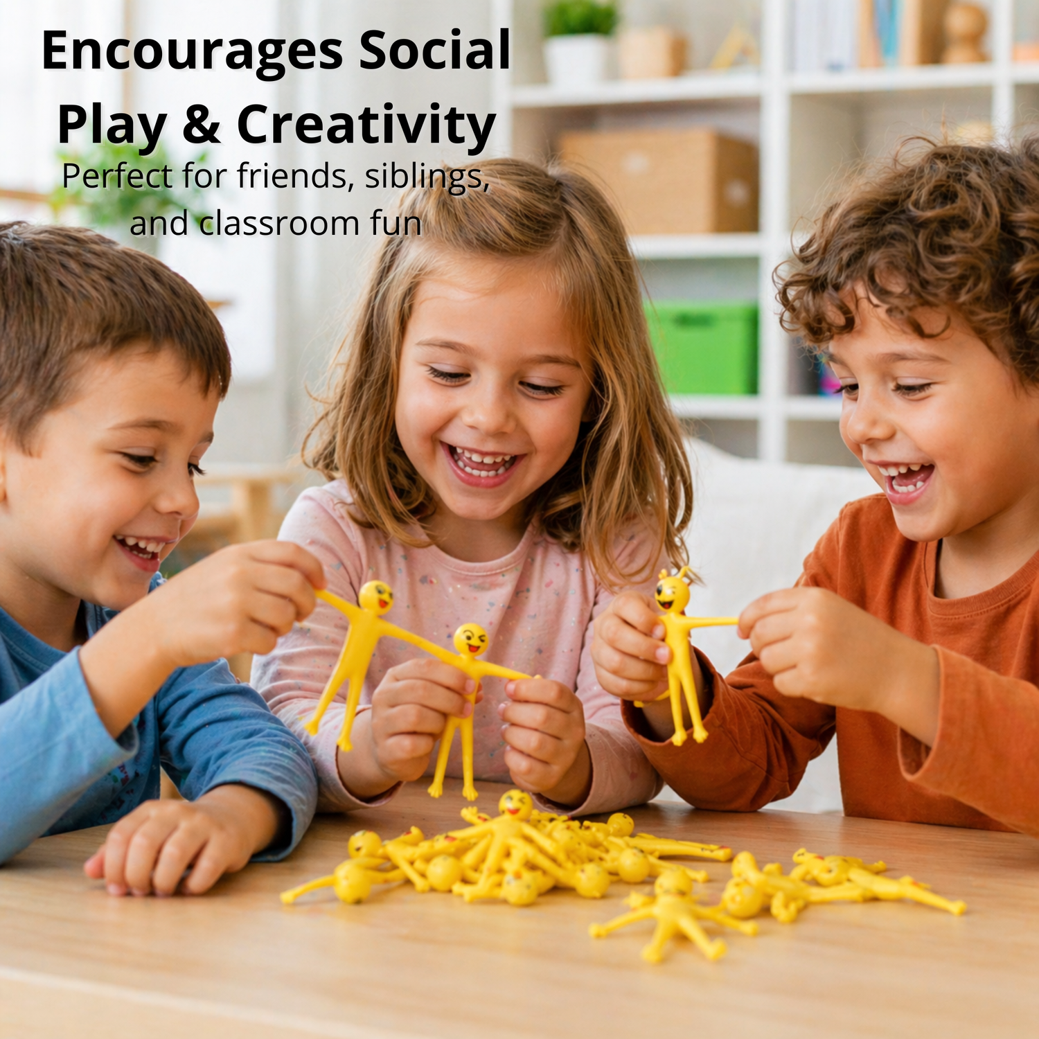 Three children playing with yellow building toys on a table, with text about social play and creativity.