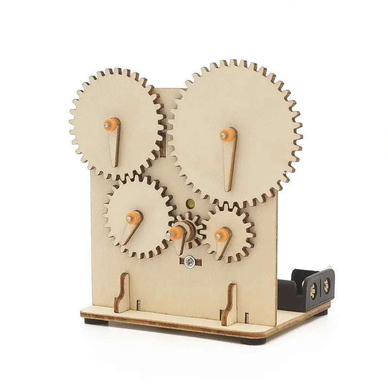 Assembled 3D wooden mechanical gear puzzle showing the interlocking gear mechanism and battery holder
