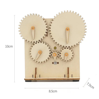 3D wooden mechanical gear puzzle dimensions showing approximately 10 cm height, 8.5 cm width and 7.5 cm depth
