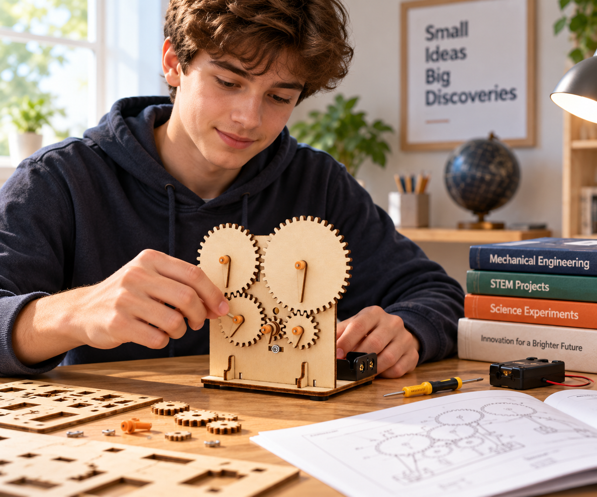 Teenager building a 3D wooden mechanical gear puzzle during a hands-on STEM learning activity