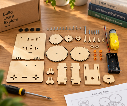 Wooden mechanical puzzle kit with laser-cut gears, building pieces, motor and battery holder ready for assembly