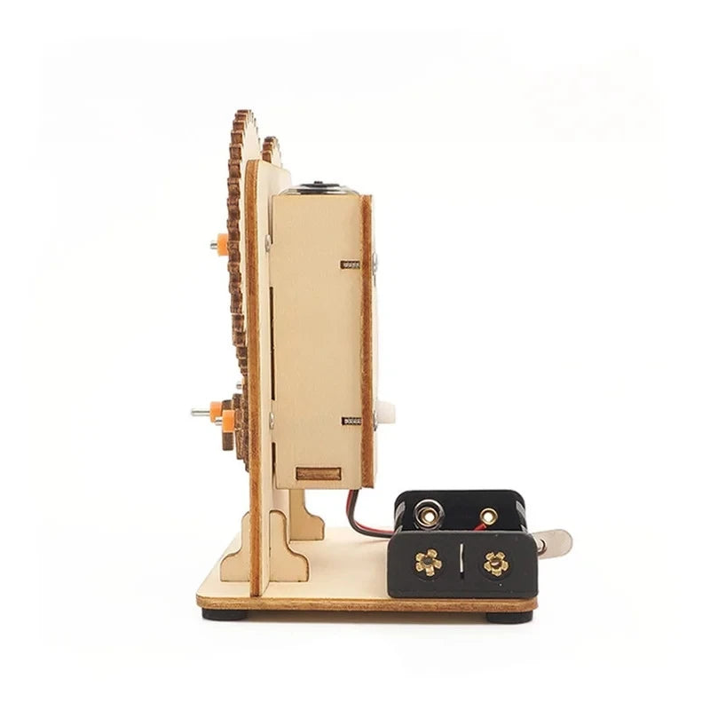 Side view of the assembled wooden mechanical gear puzzle showing the structure, motor and battery holder