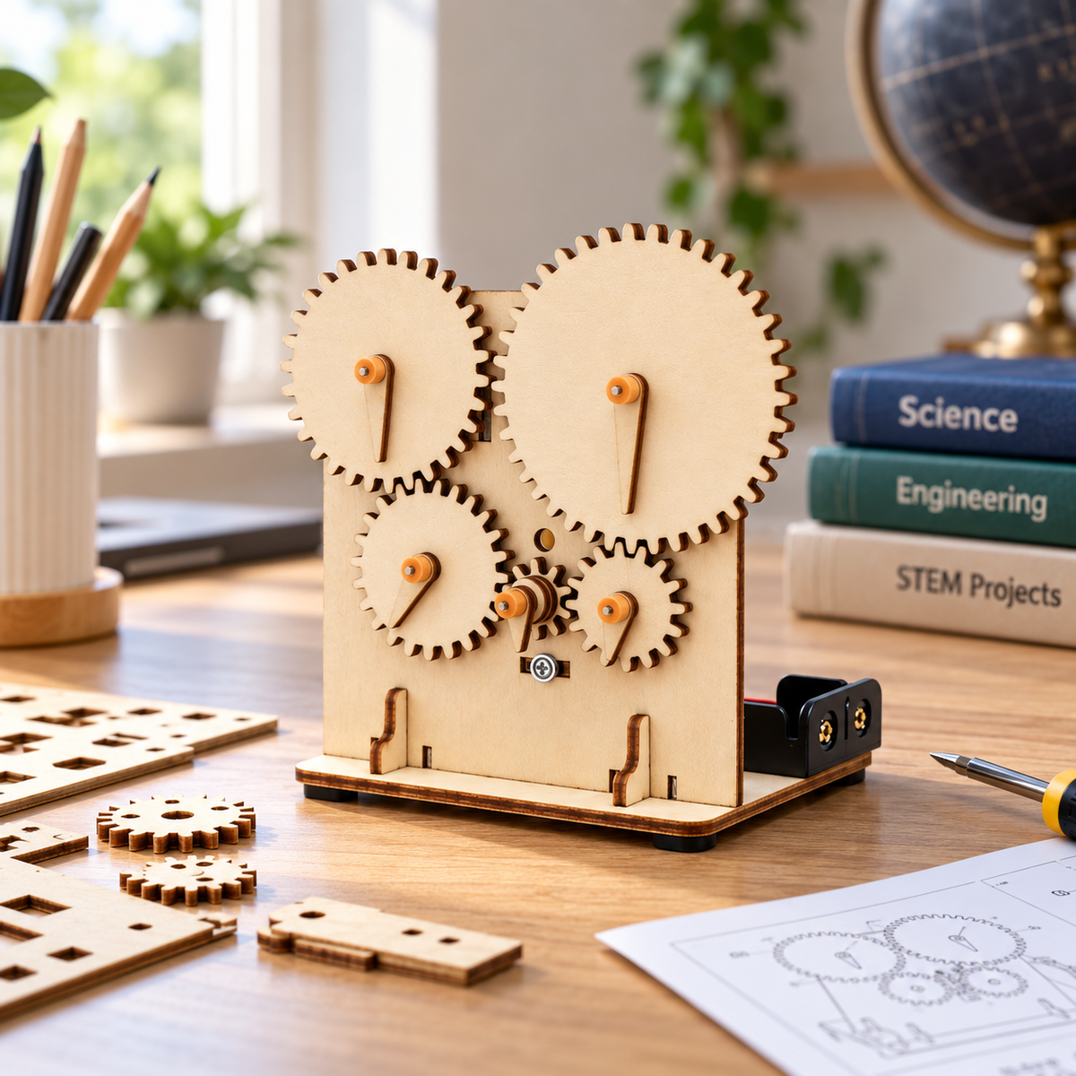 3D wooden mechanical gear puzzle STEM building kit with gears, motor and battery holder on a learning desk