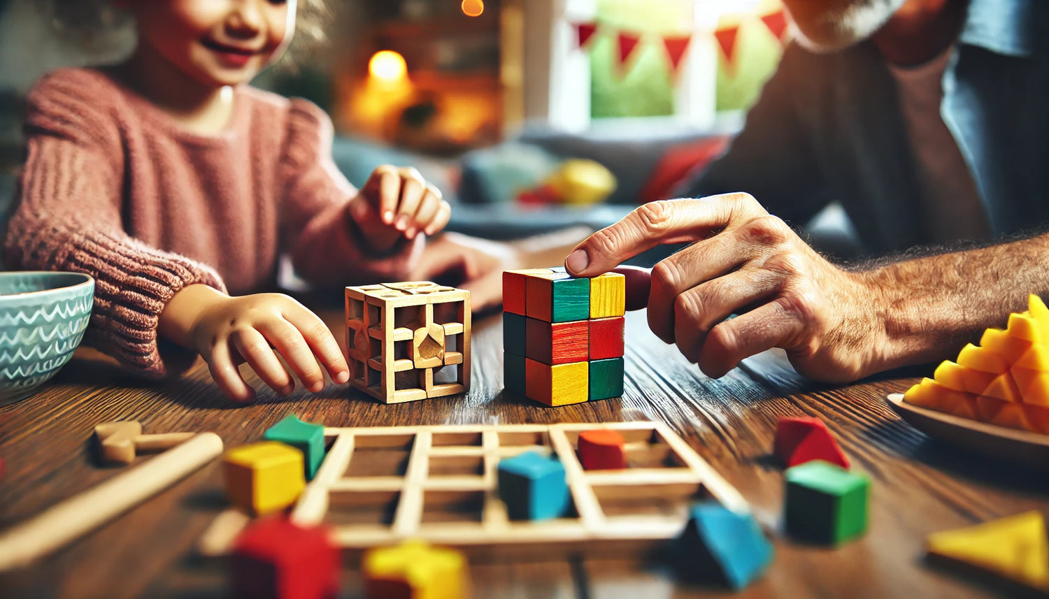 A child and an adult solving the 3D wooden puzzle cube together during a family game night, emphasizing fun and bonding.
