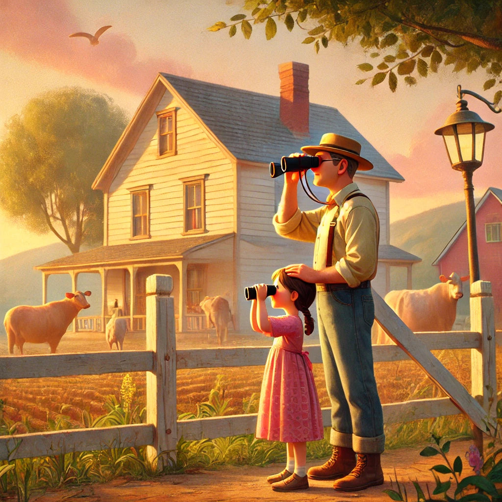 A father and daughter using binoculars in a farm. GadWitch Toys