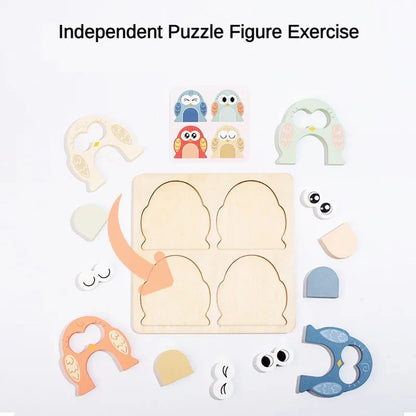 Baby montessori puzzle Independent Puzzle Figure Exercise Brain Power - TinyOwls: Montessori Puzzles | Owl Face Changing Puzzle - GadWitch Toys