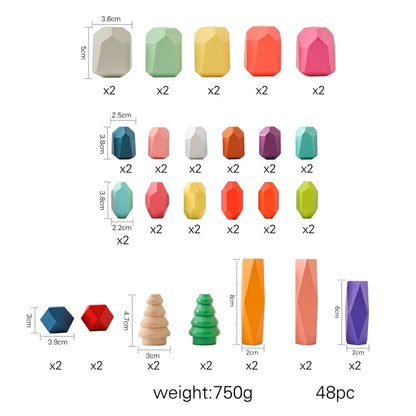 Details and Size - 48 pieces - Wooden Montessori Stacking Rocks | GadWitch Toys
