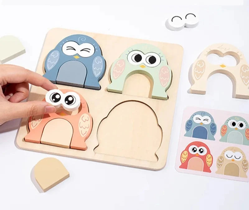 Educational Montessori Puzzle - Educational Hand Eye coordination -  TinyOwls: Montessori Puzzles | Owl Face Changing Puzzle - GadWitch Toys