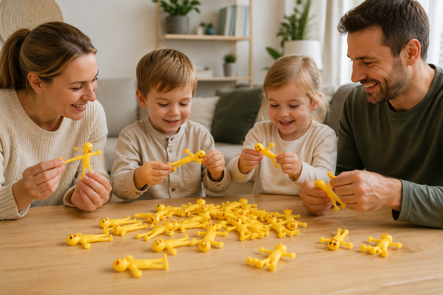 Family playing with Stretchy Buddies sensory toys at wooden table