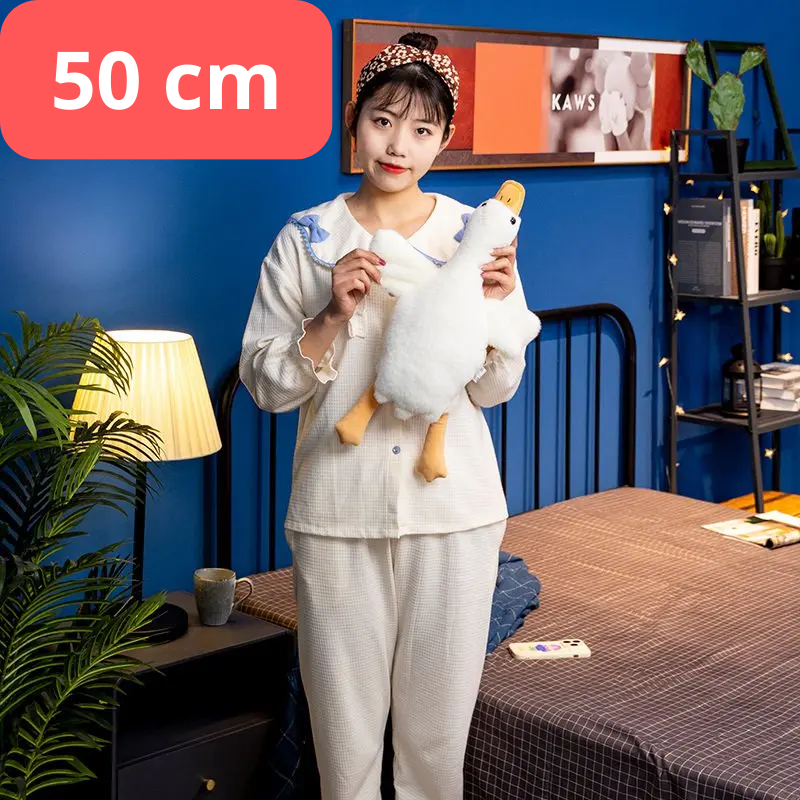 Person holding a plush toy in a room with a blue wall and furniture. 50cm goose