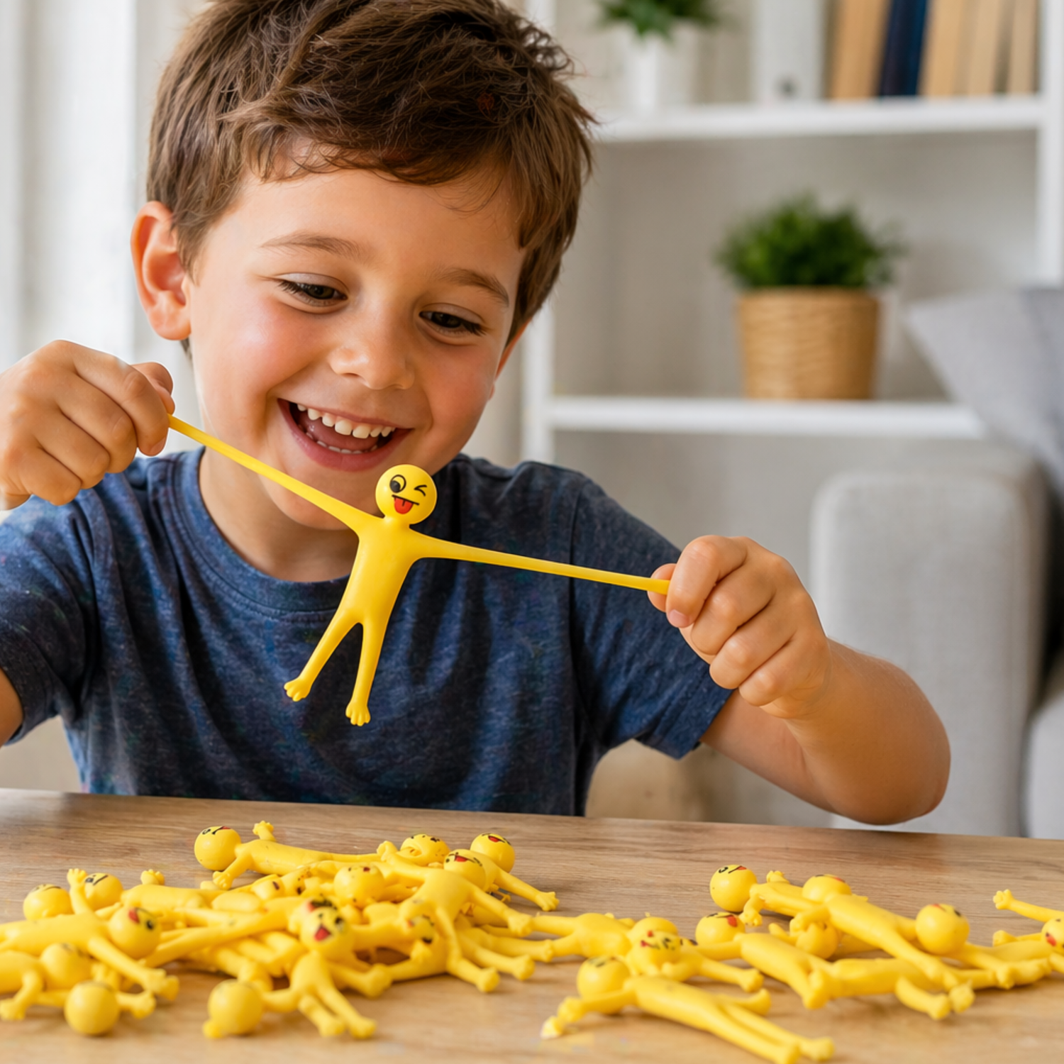 Child playing with yellow flexible figures on a table