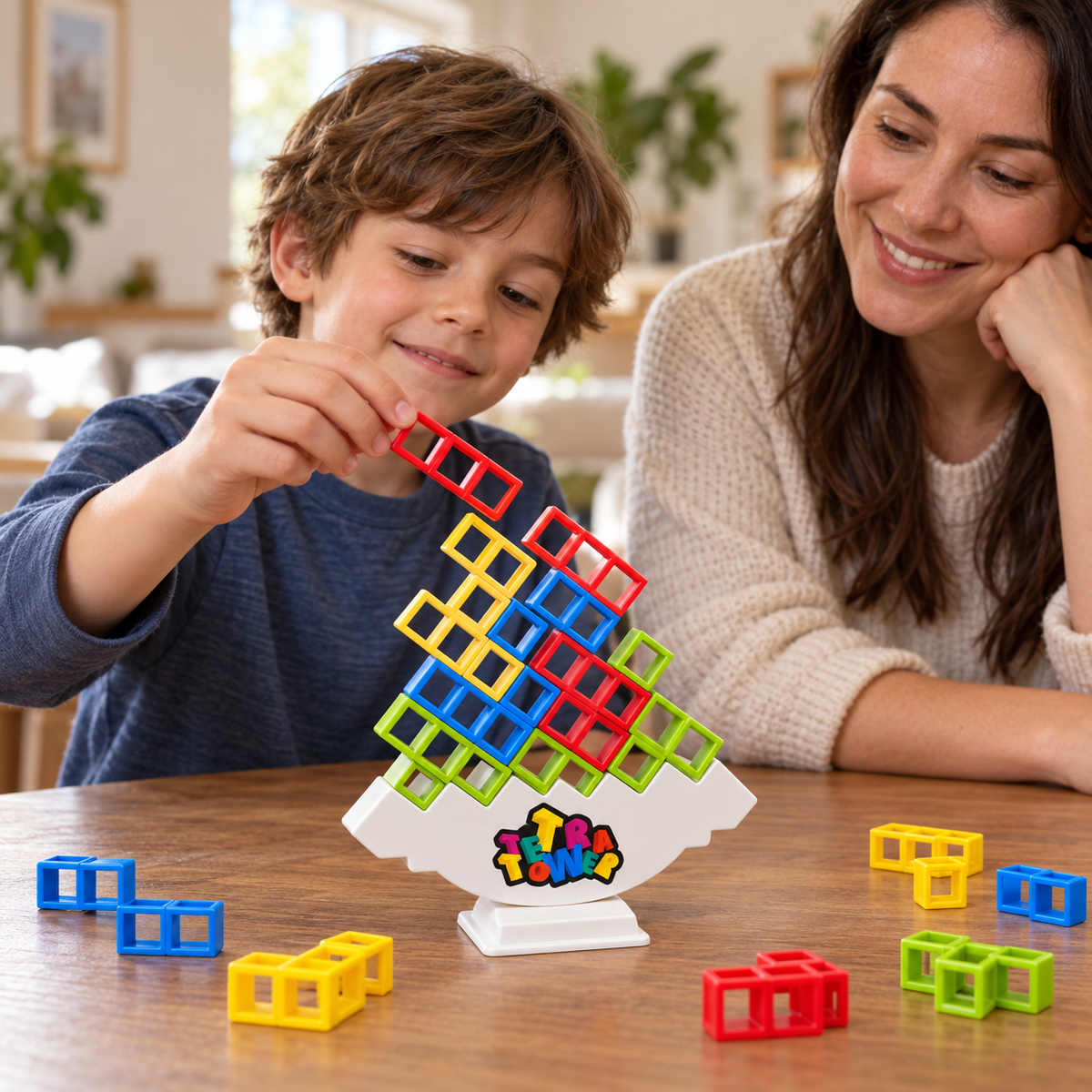Child placing a red stacking piece on the Tetra Tower balancing game while an adult watches.