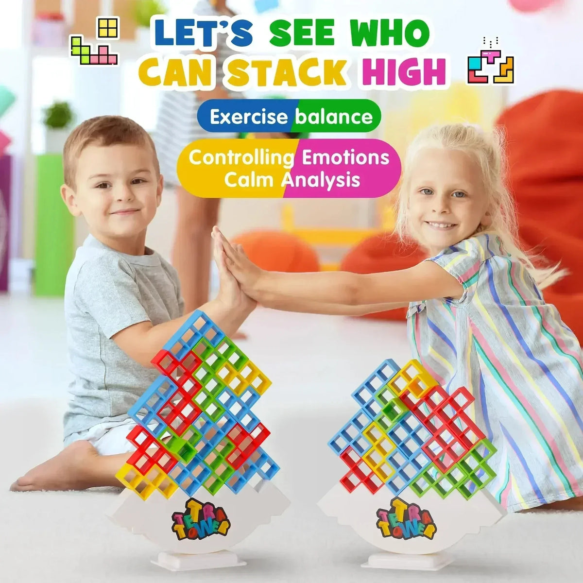 Two children playing with colorful stacking toys, promoting balance and emotional control.