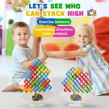 Two children playing with colorful stacking toys, promoting balance and emotional control.