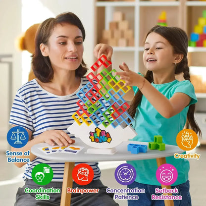 Woman and young girl playing with a colorful educational toy in a room with shelves in the background.
