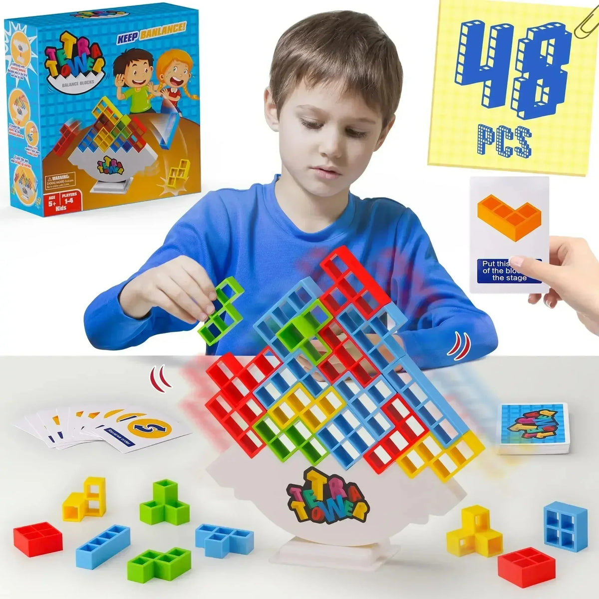 Child playing with colorful building block toys on a table, with packaging and additional blocks in the background.