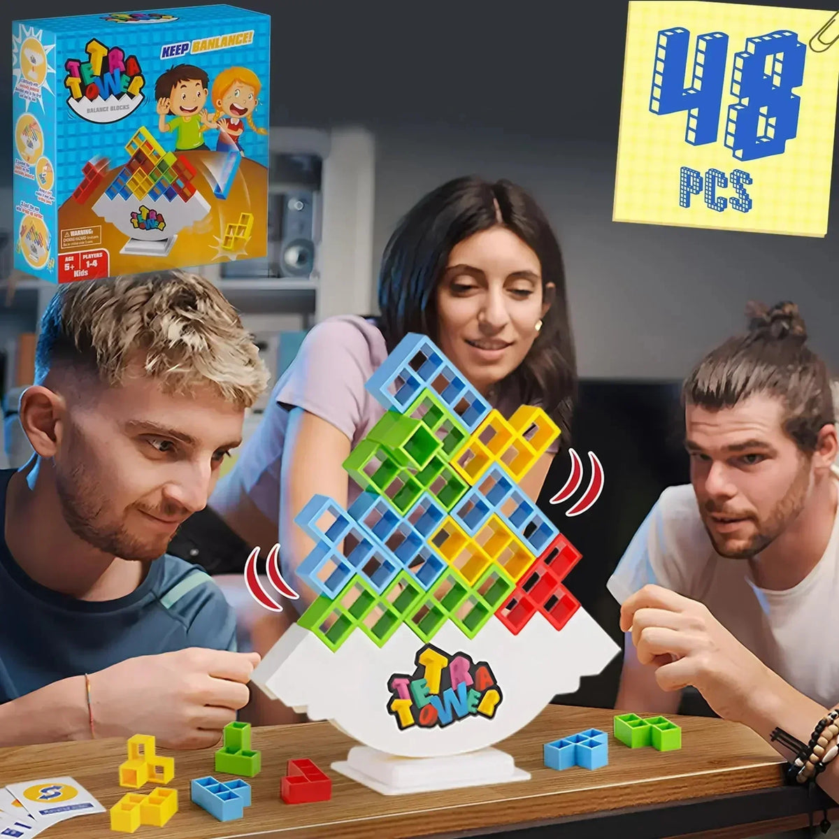 Three people playing a colorful puzzle game with toy blocks on a table, surrounded by packaging and text.