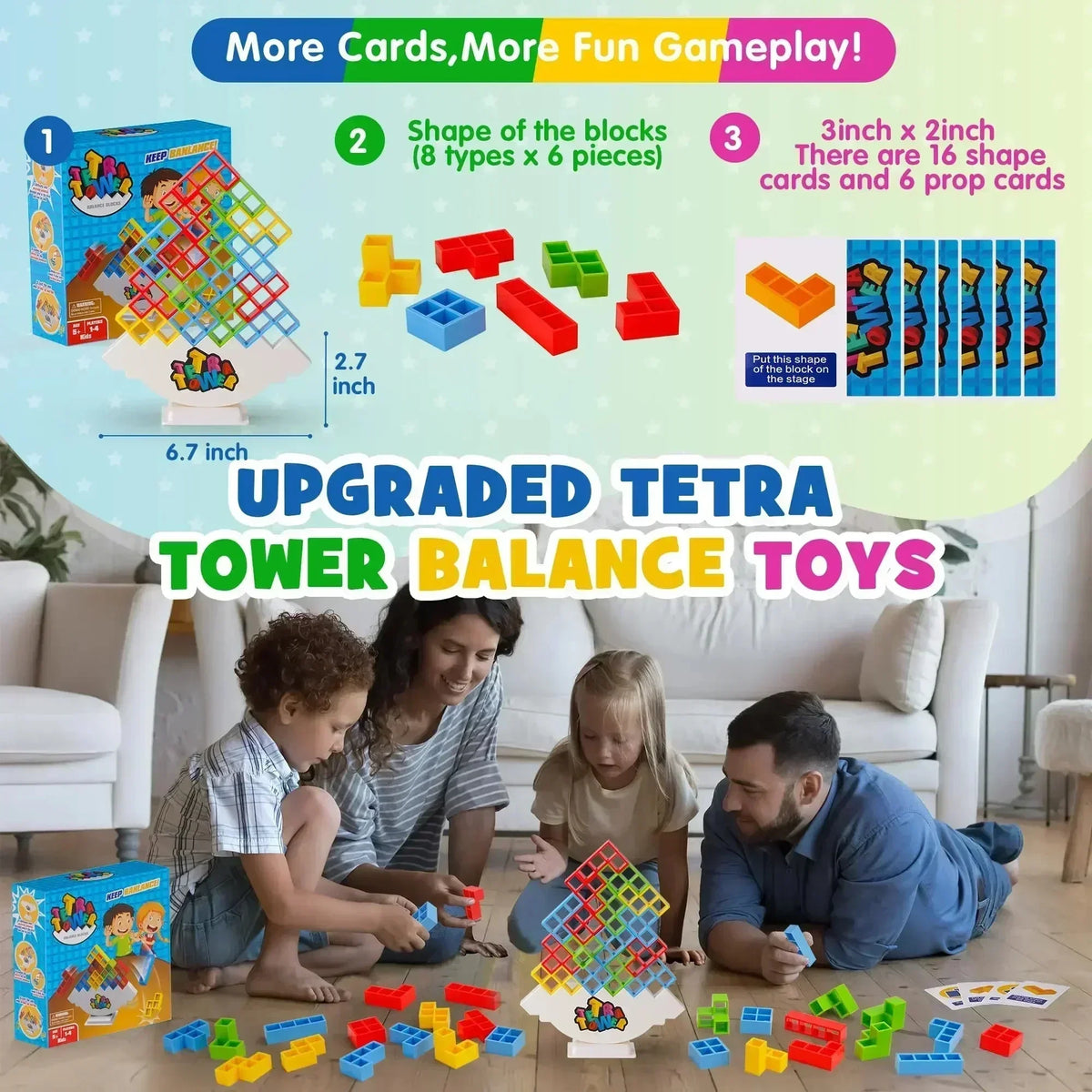 Upgraded Tetra Tower Balance Toys with family playing together in a living room.