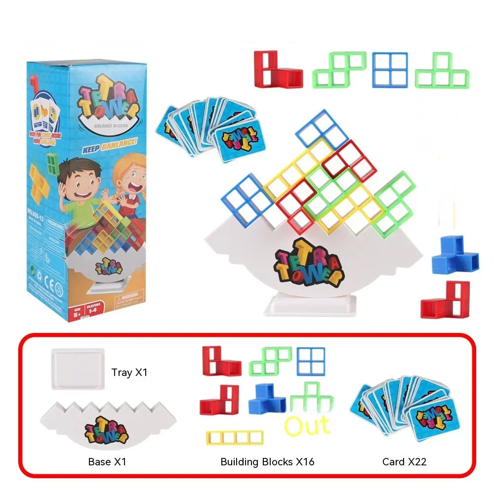 Children's educational toy set with packaging, building blocks, cards, and tray on a white background.