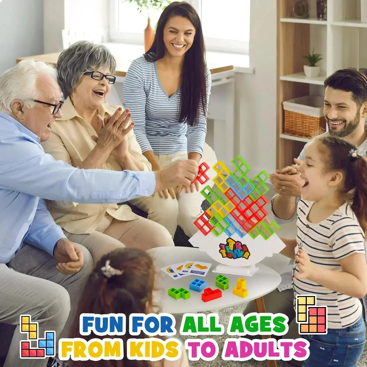 Family playing a board game together in a living room with colorful game pieces.