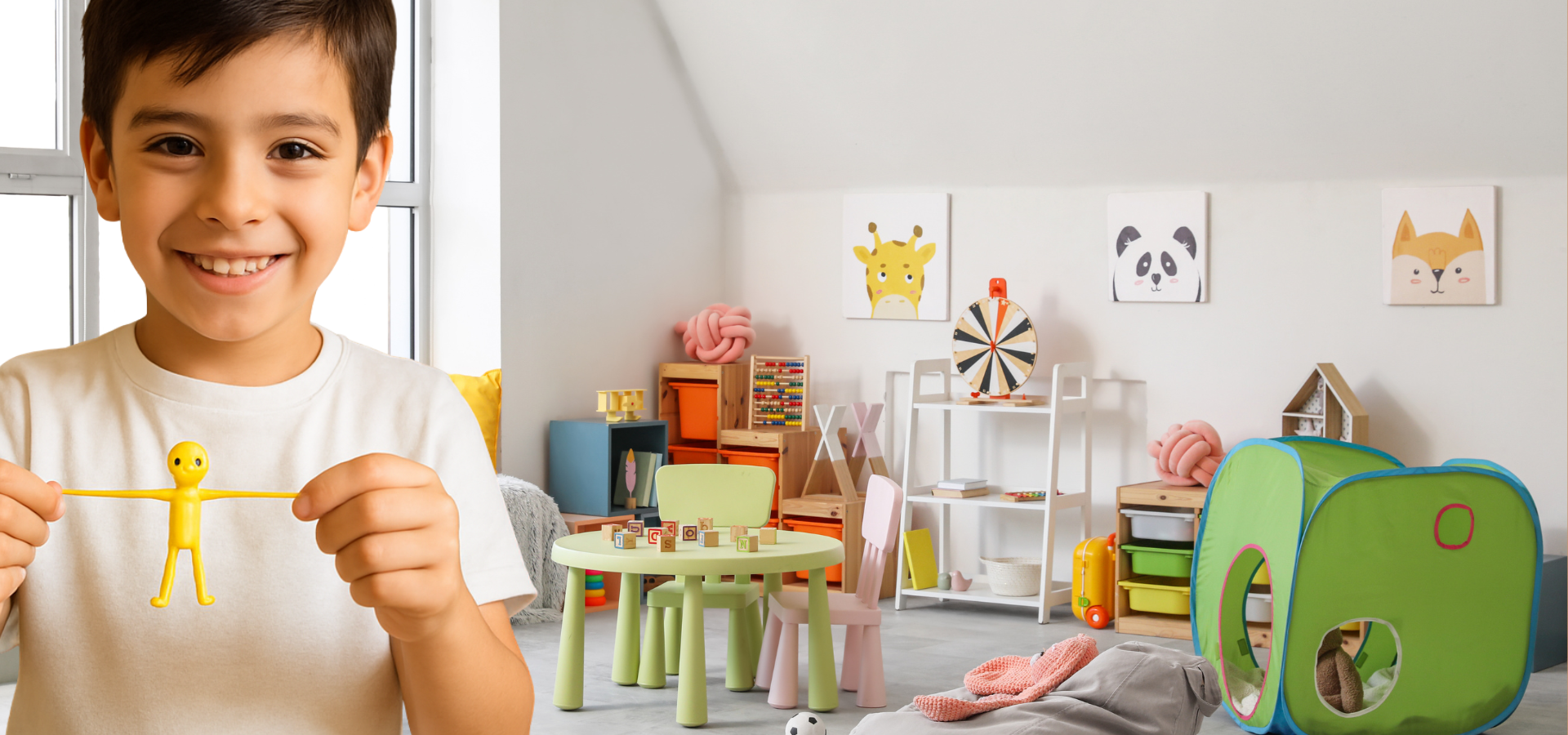 Child playing with a toy in a colorful playroom