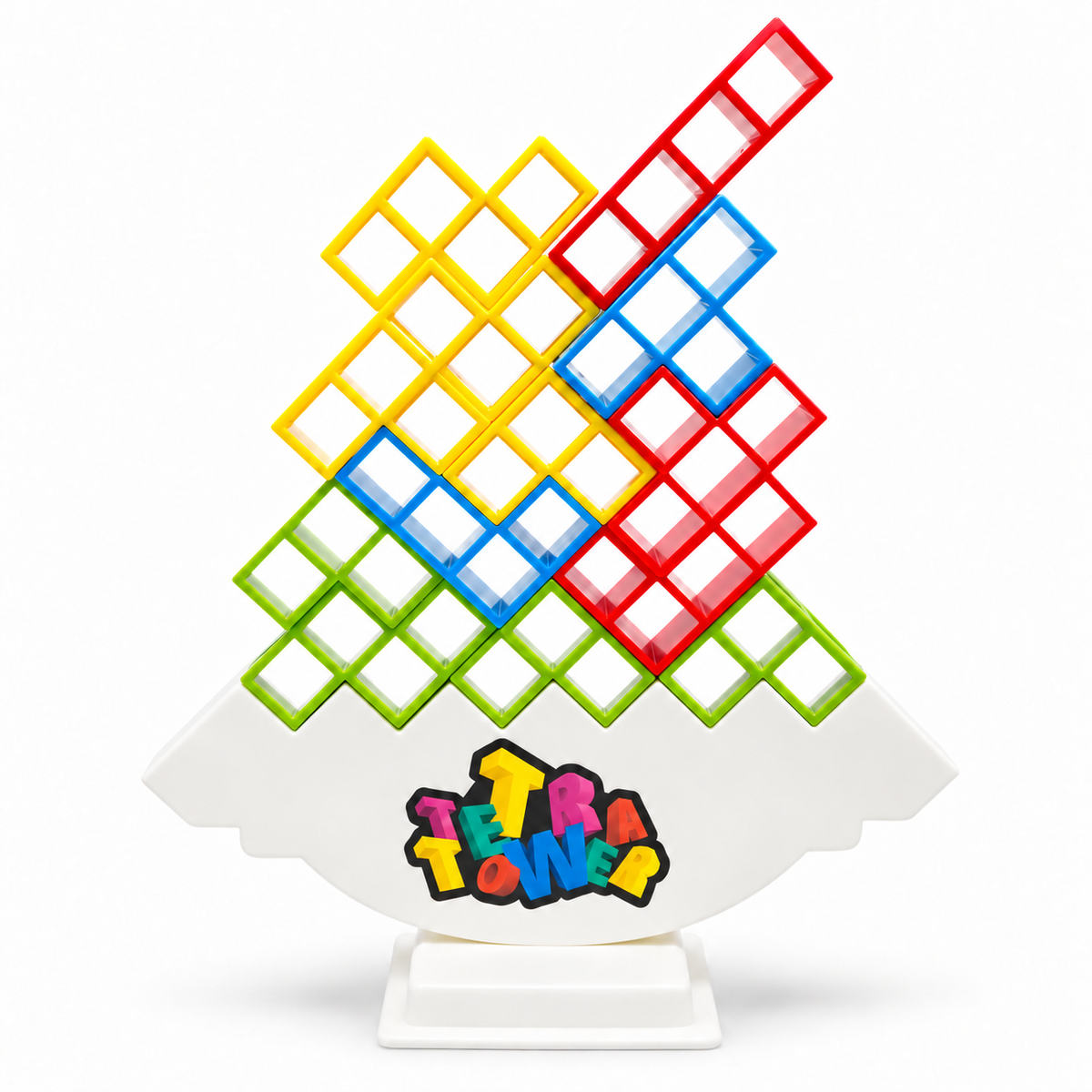 Tetra Tower balancing game with colourful stacking blocks on a white rocking base.