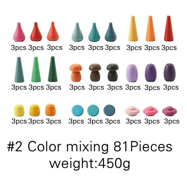 Assorted colored plastic modeling clay pieces arranged in rows on a white background. - color mixing 81 pieces