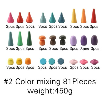 Assorted colored plastic modeling clay pieces arranged in rows on a white background. - color mixing 81 pieces