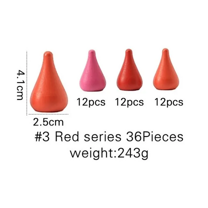 Four red weightlifting dumbbells with measurements and quantity labels on a white background - 3 red series 36 pieces
