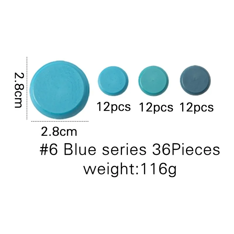 Measurement chart for blue series #6 36 pieces with dimensions and quantity information.