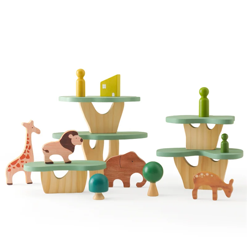 Wooden toy set with animal figures and shelves on a white background