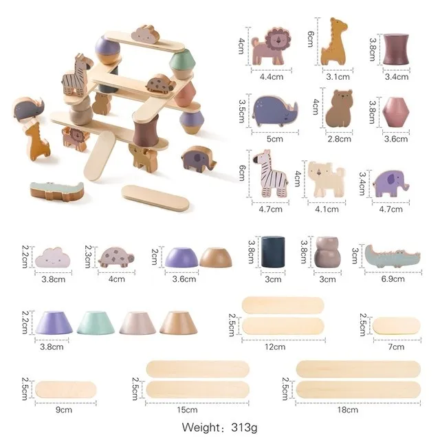 Wooden animal building blocks with measurements and weight displayed. - animals