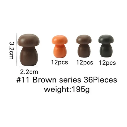 Four mushroom-shaped objects in different colors with measurements and quantity information on a white background. - brown series 36 pieces