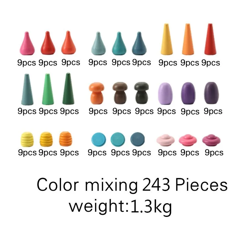 Assorted colorful clay pieces with labels indicating quantity on a white background - color mixing 43 pieces