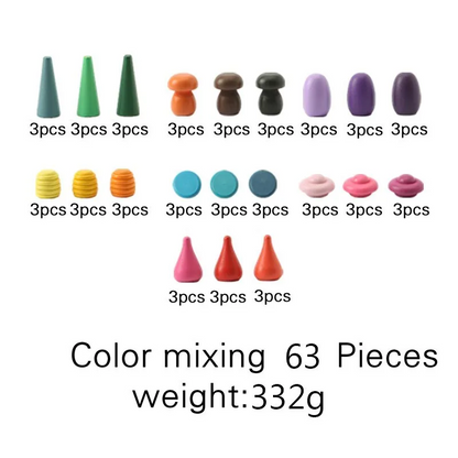 Assorted colorful clay pieces with labels on a white background - color mixing 63 pieces