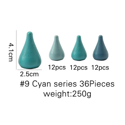 Four teal ceramic teardrop shapes with measurements and quantity text on a white background - cyan series 6 pieces