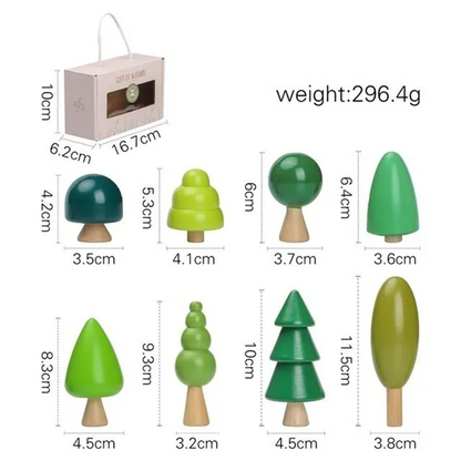 Set of green wooden trees with measurements and weight displayed on a white background - gift box 2