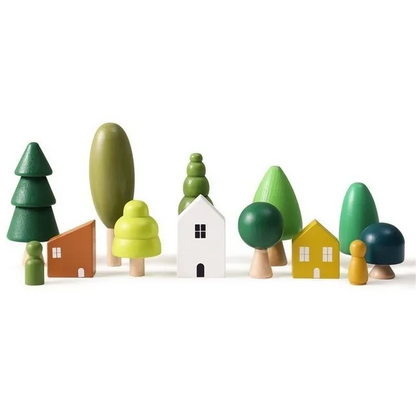Set of colorful wooden trees and houses on a white background - house