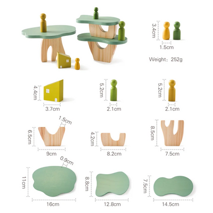 Set of wooden toy figures and furniture with measurements and weight details on a white background