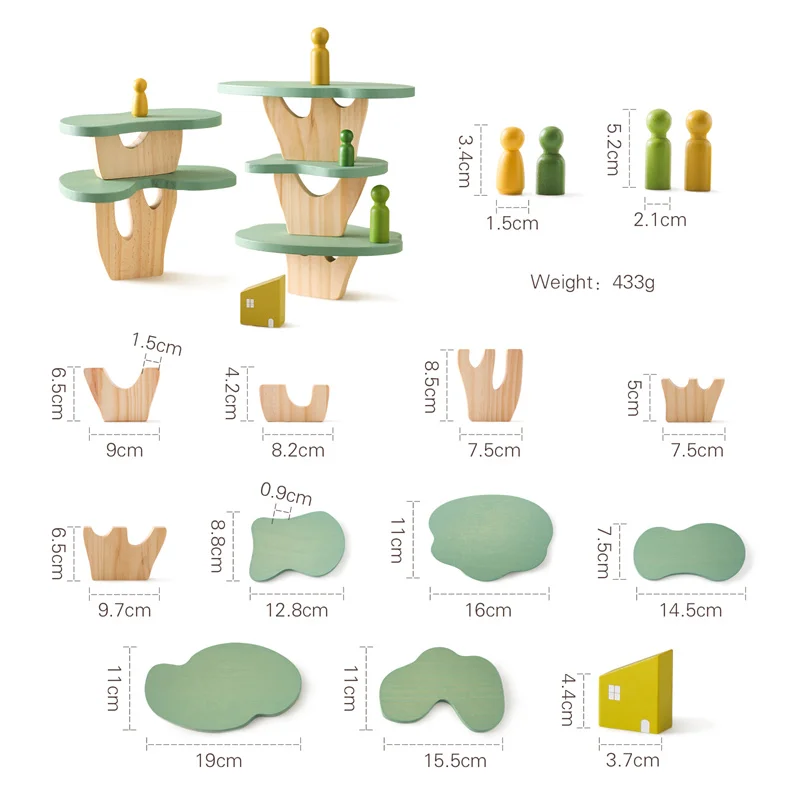 Wooden toy set with measurements and dimensions displayed on a white background - table 2