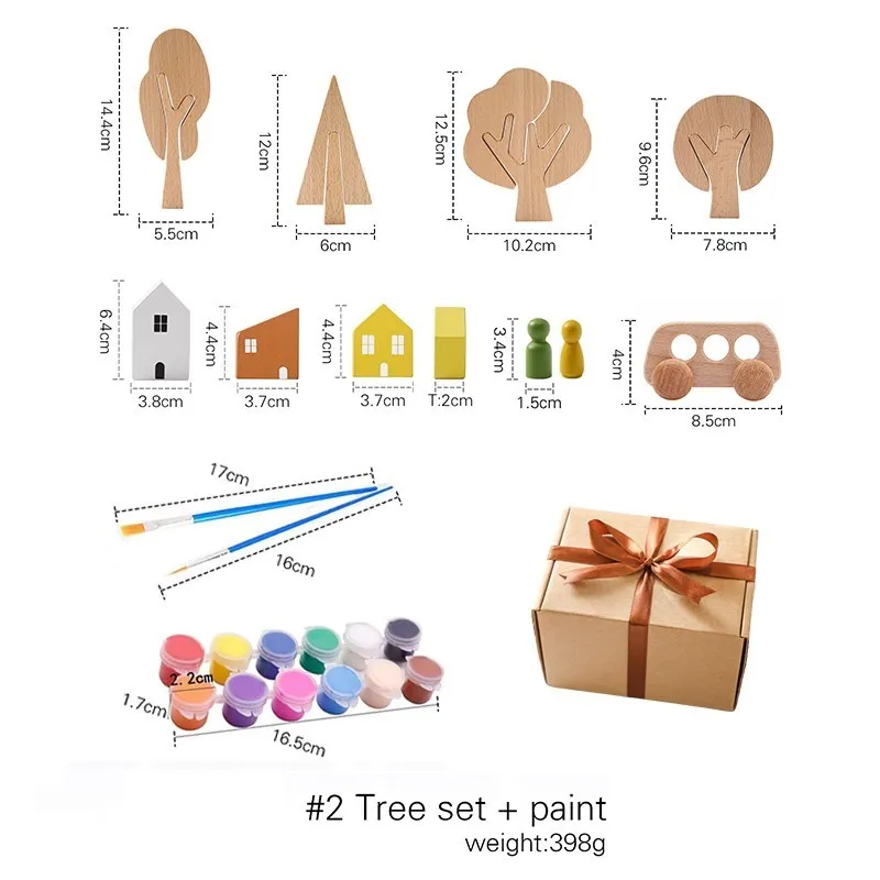 Set of wooden trees, houses, and a bus with paint cans and a brush, all with measurements on a white background. - 2 set with paint
