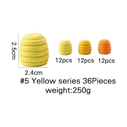 Yellow balls with measurements and quantity information on a white background - yellow series 36 pieces