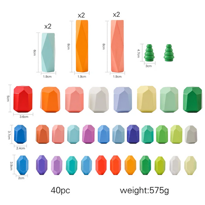 Colorful geometric stone-shaped objects with measurements and weight on a white background - 40 pieces