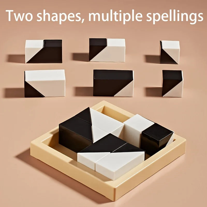 Tangram puzzle with black and white shapes on a beige tray against a beige background.