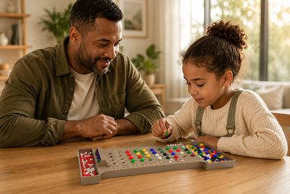 Father and daughter enjoying the CodeBreaker™ educational strategy board game together at home.