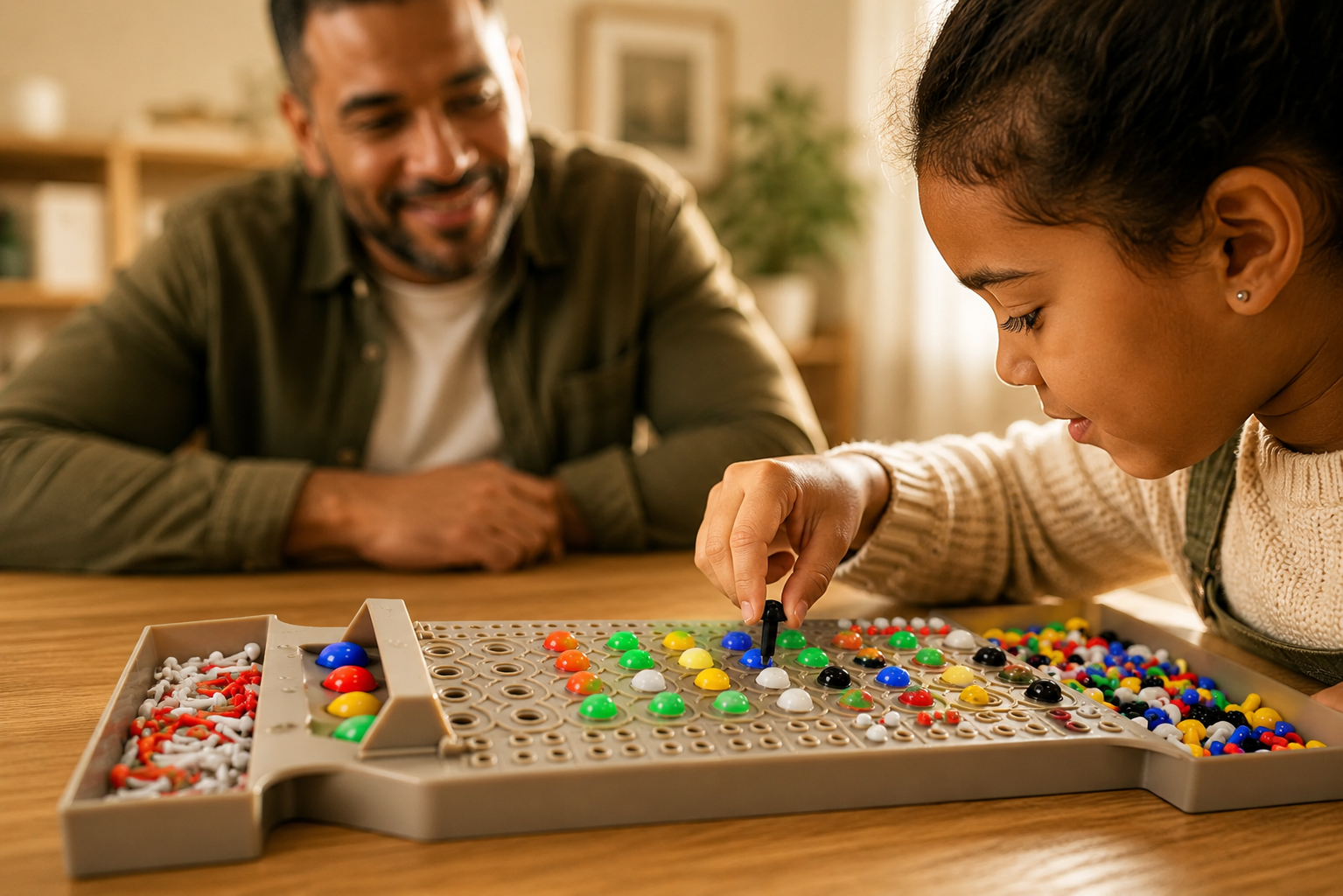 Close-up of the CodeBreaker™ educational board game during a family strategy challenge.