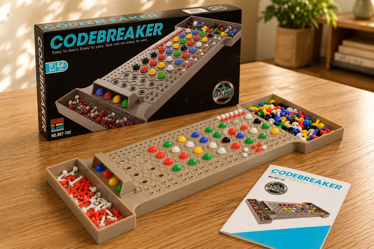 Premium CodeBreaker™ educational strategy board game displayed on a wooden table.