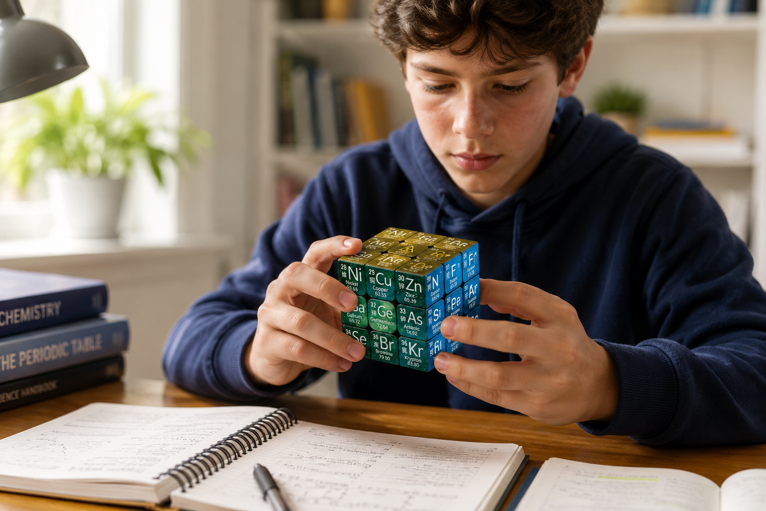 Person holding a Rubik's cube with educational content, sitting at a desk with books and a lamp in the background.
