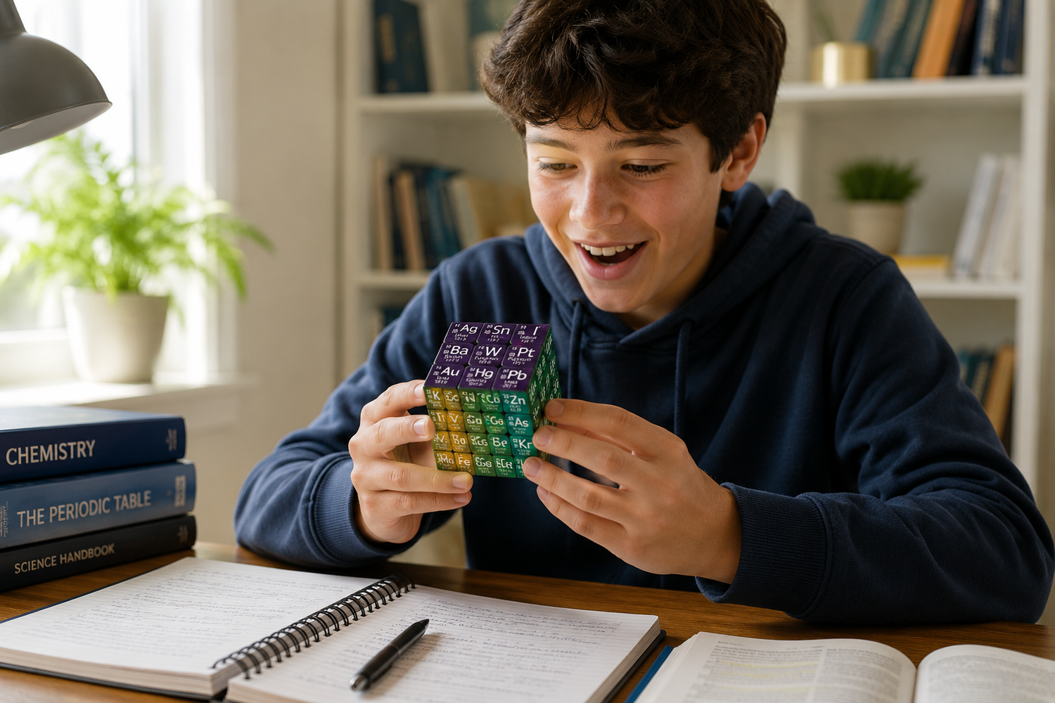 Young boy holding a colorful periodic table card at a desk with books and a lamp in the background
